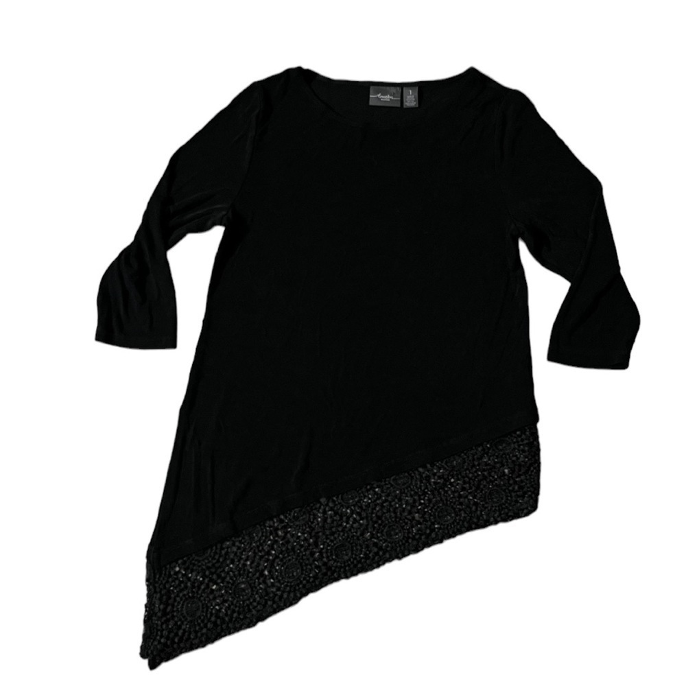 Travelers Chico’s Womens Black Slinky 3/4 Sleeve Blouse Assymetrical Hem Size M